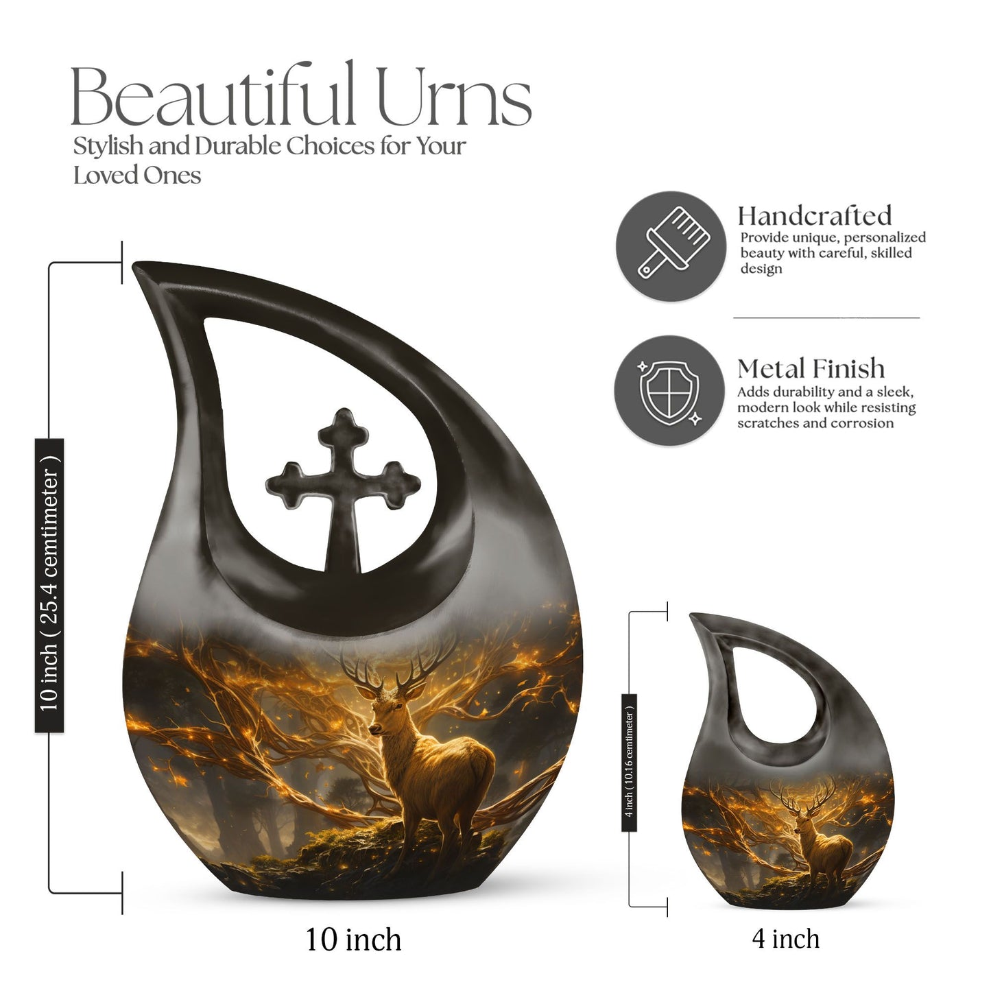 10 Inch Deer themed Aluminium Cross Drop Urn, 
