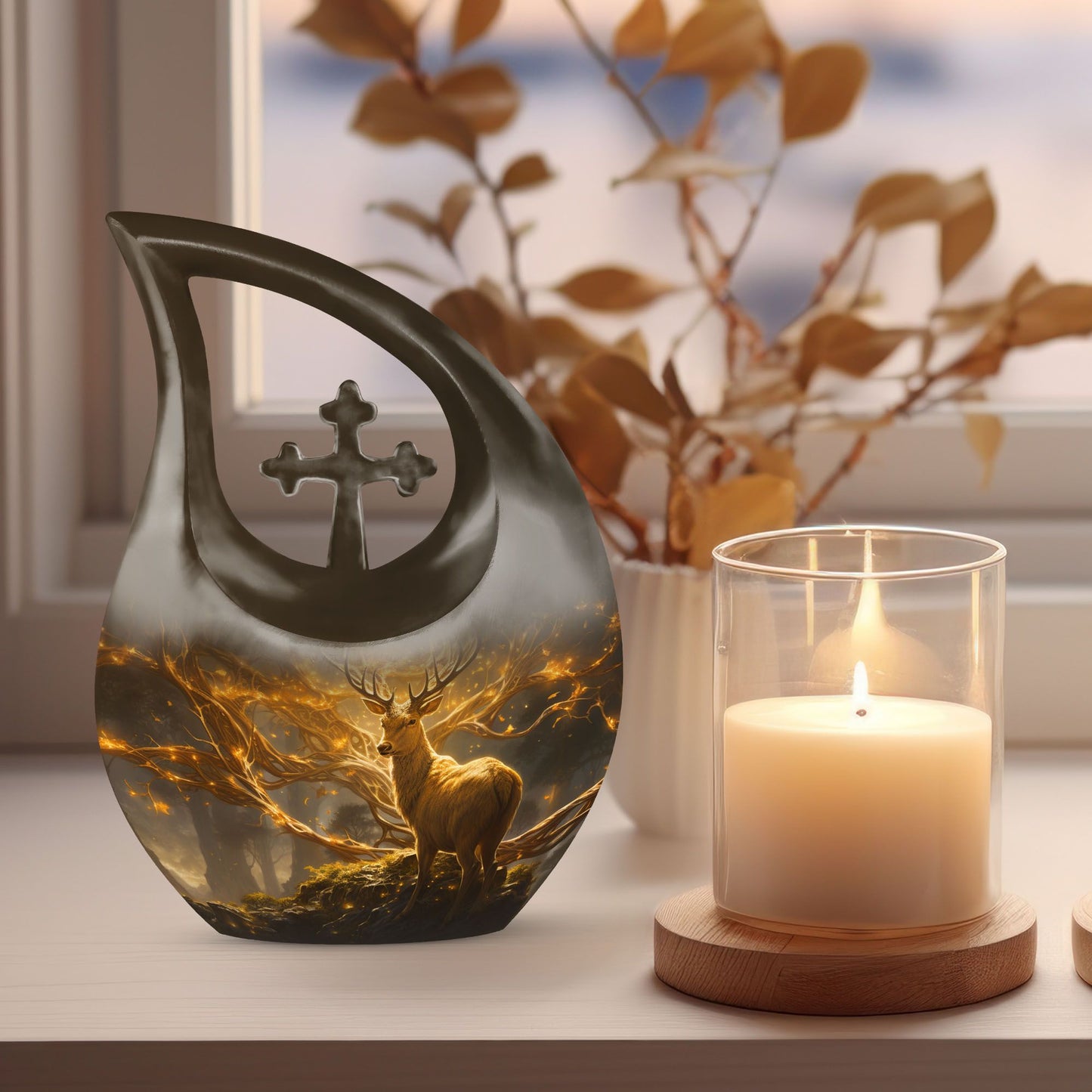 10 Inch Deer themed Aluminium Cross Drop Urn, 