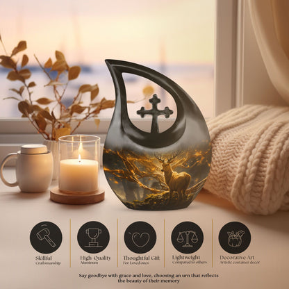 10 Inch Deer themed Aluminium Cross Drop Urn, 