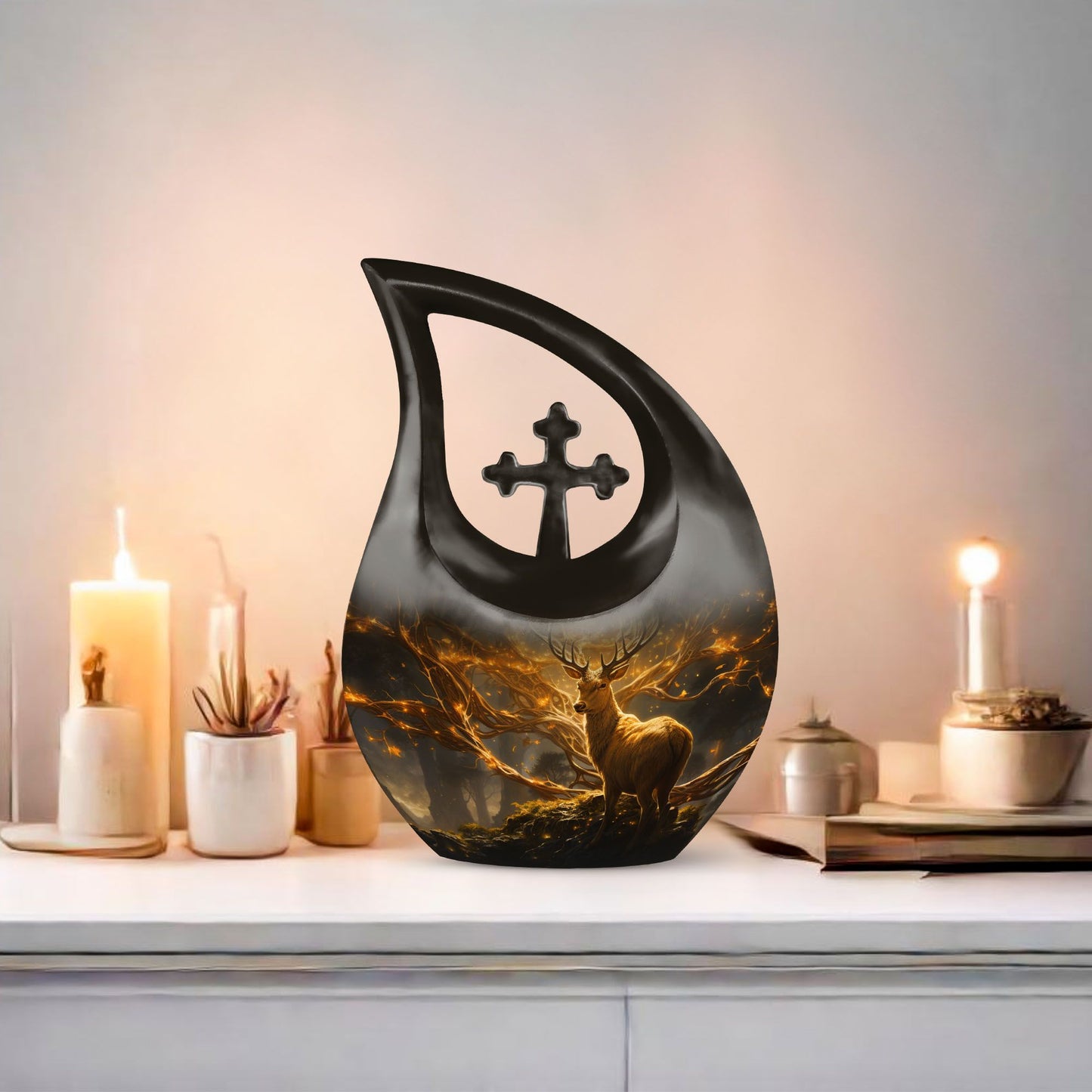 10 Inch Deer themed Aluminium Cross Drop Urn, 