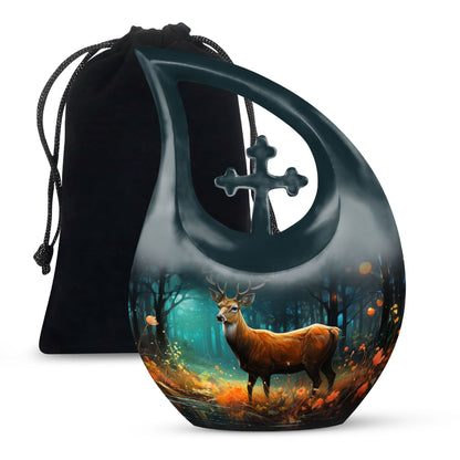 10-inch Deer Cremation Urn with Cross Drop