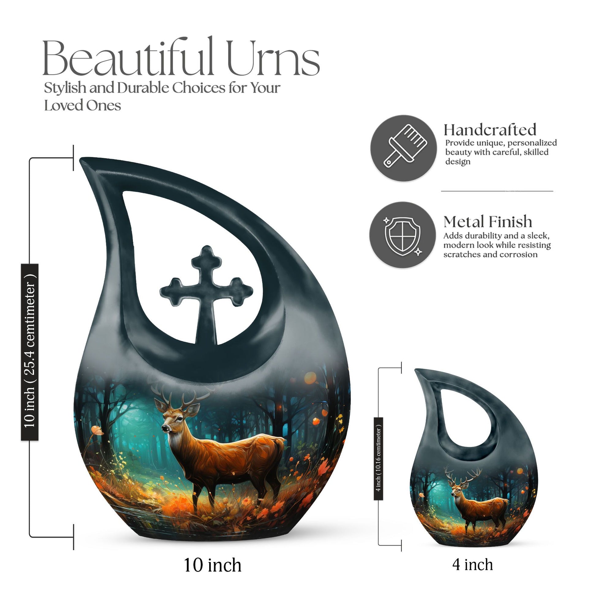 10-inch Deer Cremation Urn with Cross Drop