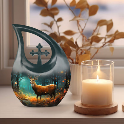 10-inch Deer Cremation Urn with Cross Drop