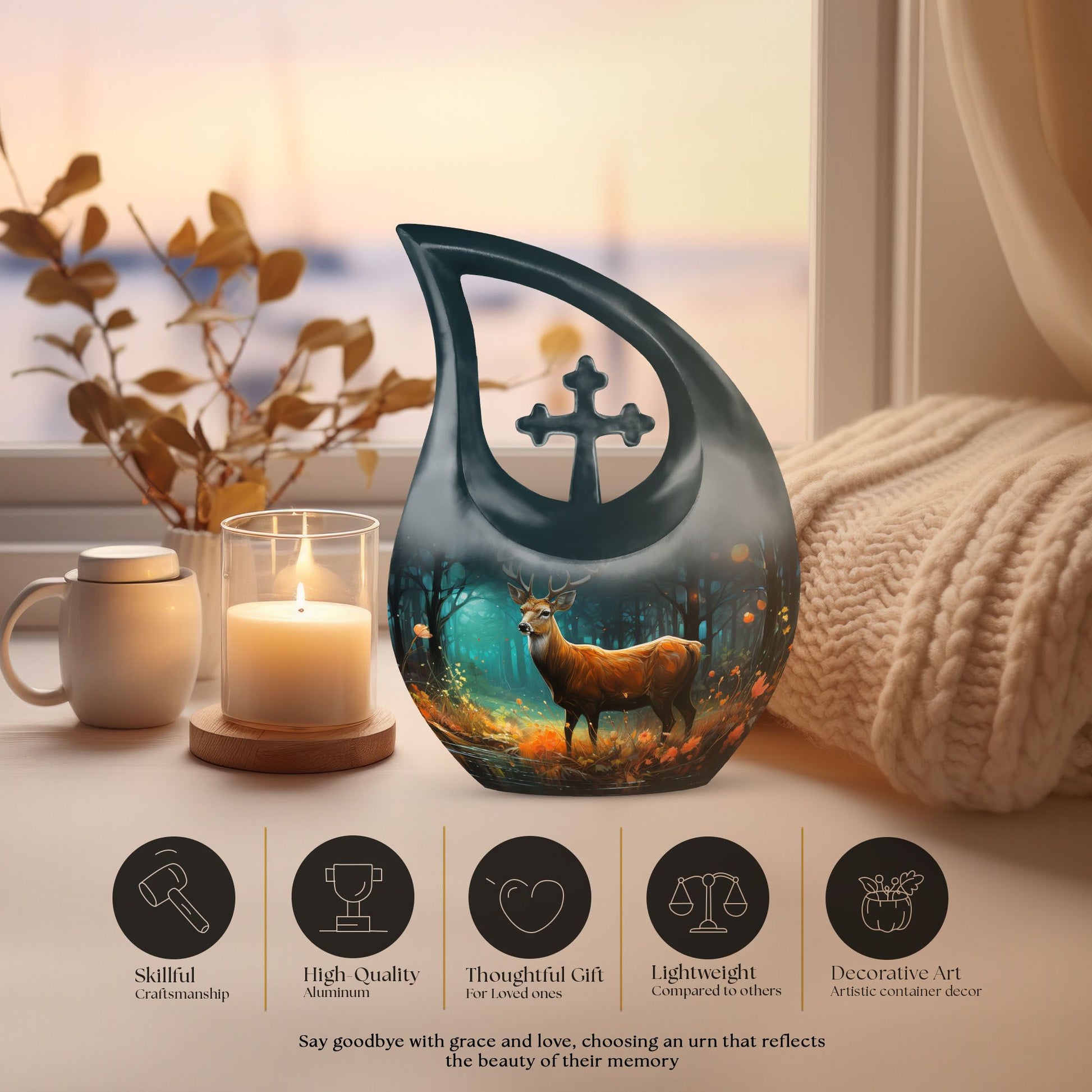 10-inch Deer Cremation Urn with Cross Drop