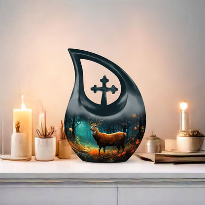 10-inch Deer Cremation Urn with Cross Drop