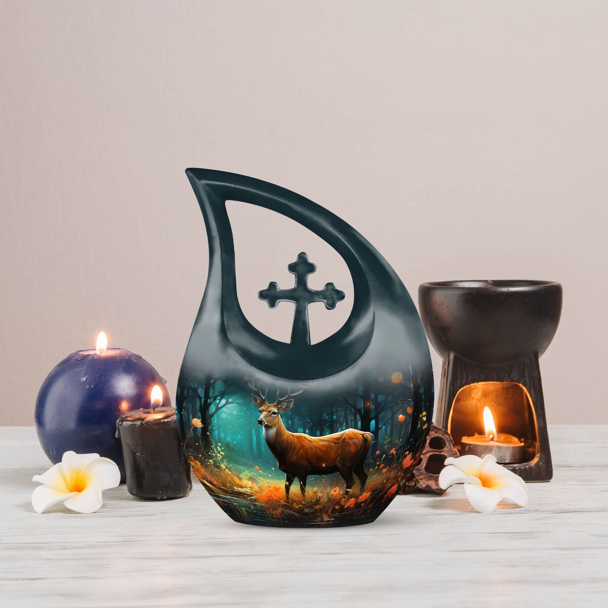 10-inch Deer Cremation Urn with Cross Drop