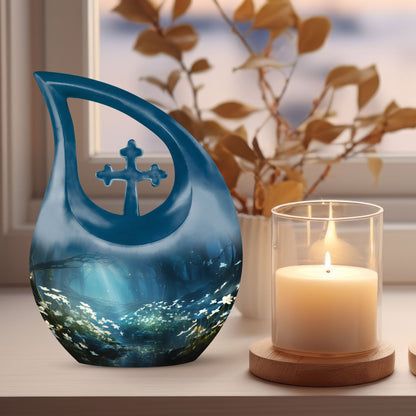 10-inch Wilderness Urn with Cross Drop design, 