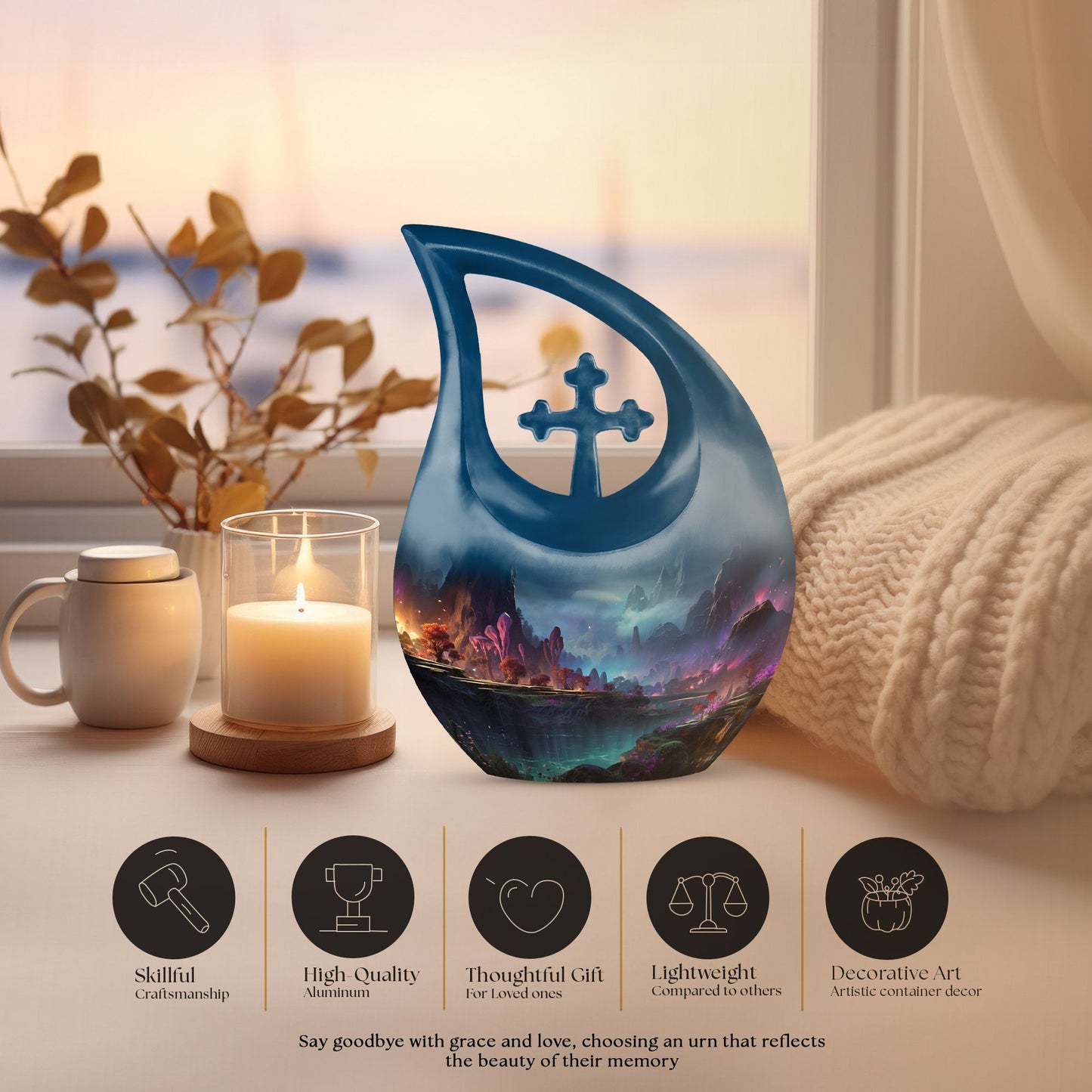 10-inch Wilderness Urn with Cross Drop design, Aluminium