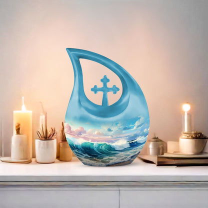 10-inch Wilderness urn with Cross Drop design,