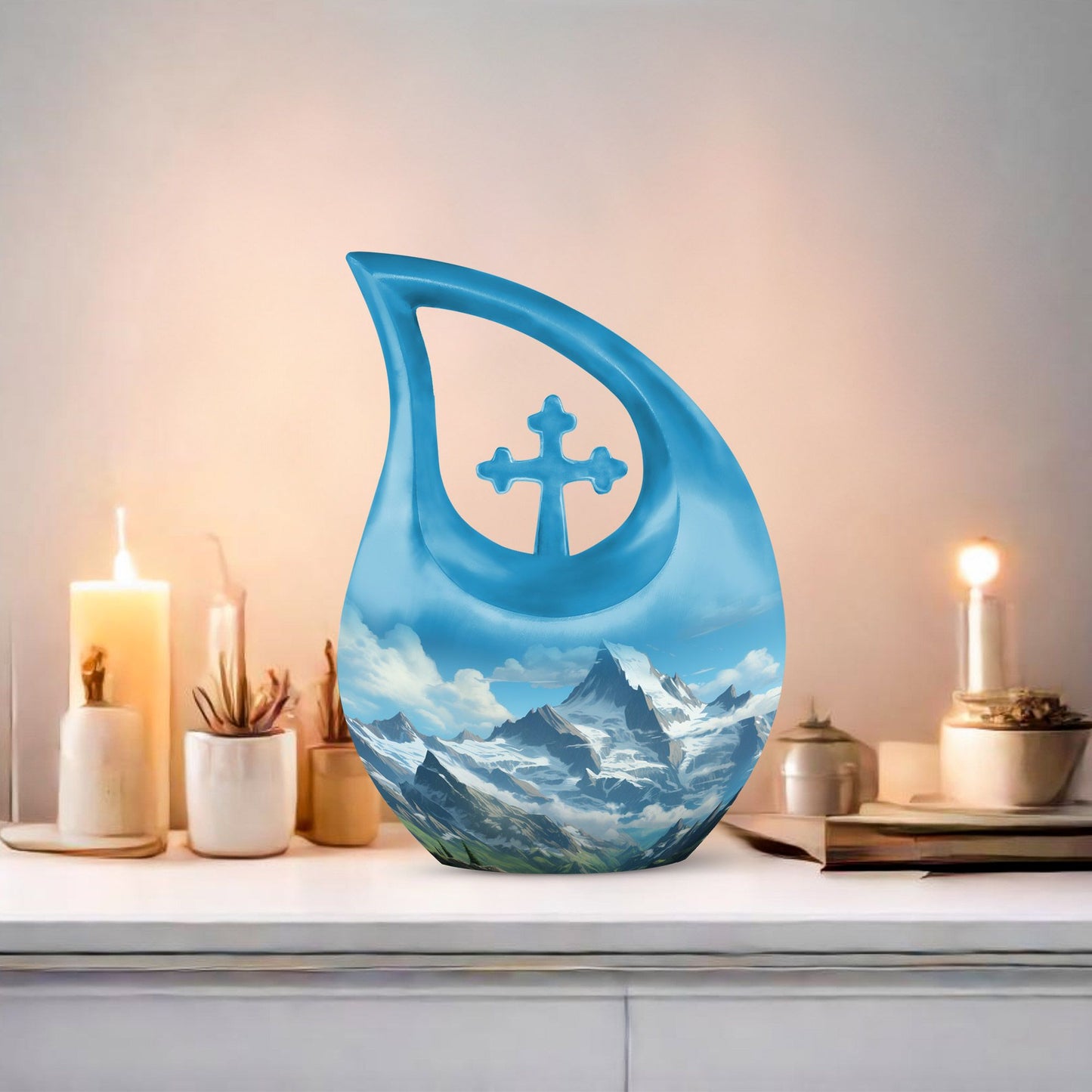 10-inch Mountain themed Cross Drop urn in Aluminium for Dad's ashes