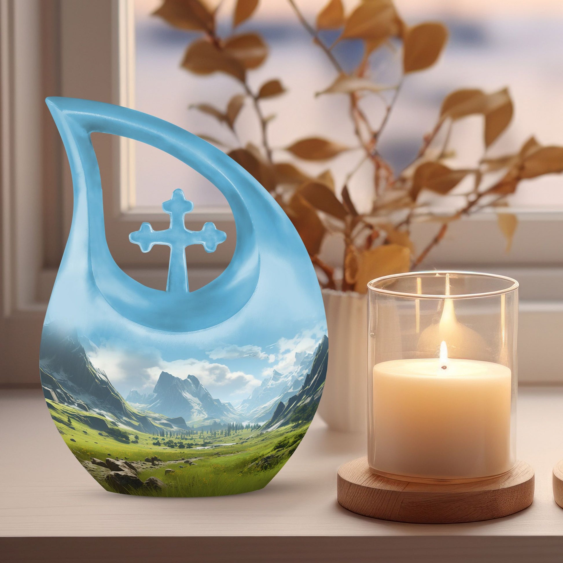 10-inch Mountain Urn with Cross Drop design, 
