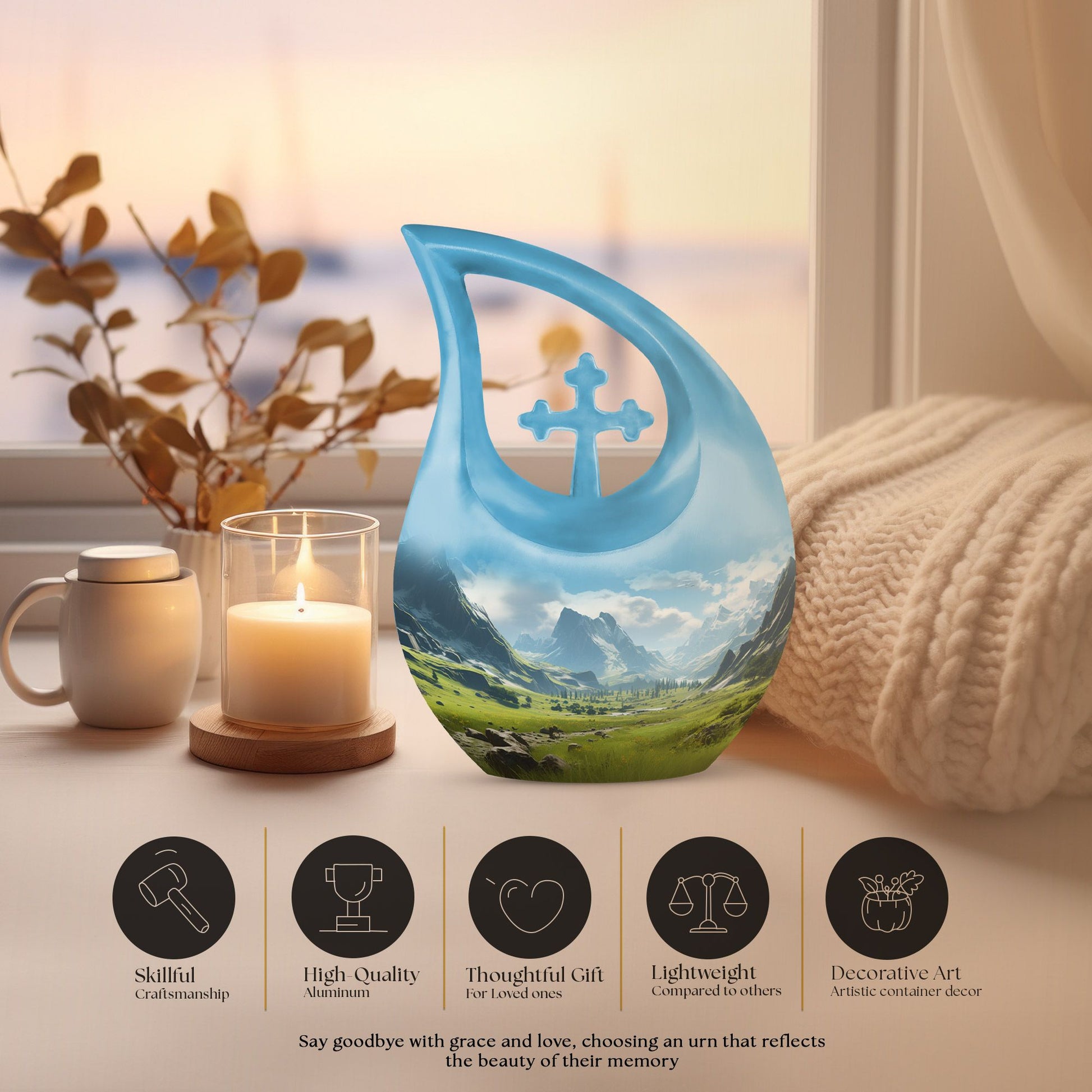 10-inch Mountain Urn with Cross Drop design, 