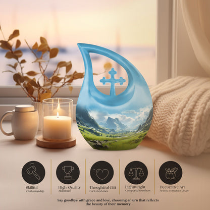 10-inch Mountain Urn with Cross Drop design, 