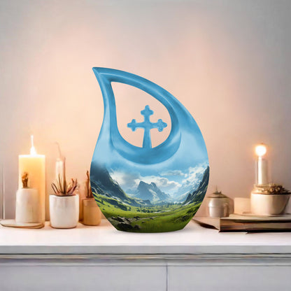 10-inch Mountain Urn with Cross Drop design, 