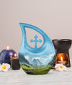 10-inch Mountain Urn with Cross Drop design, 