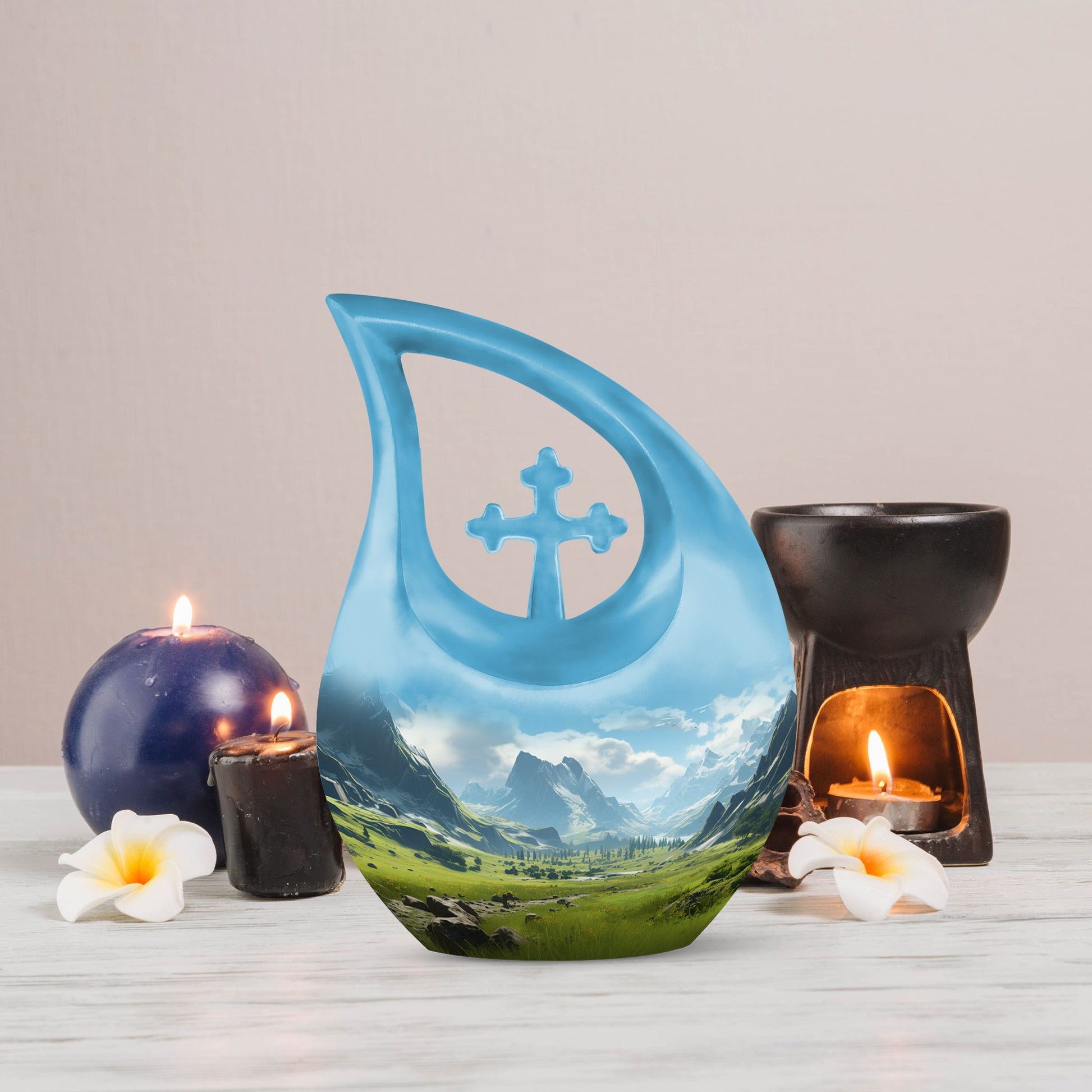 10-inch Mountain Urn with Cross Drop design, 