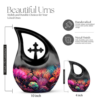 10-inch Wilderness Urn with Cross Drop design and personalization option for couples.