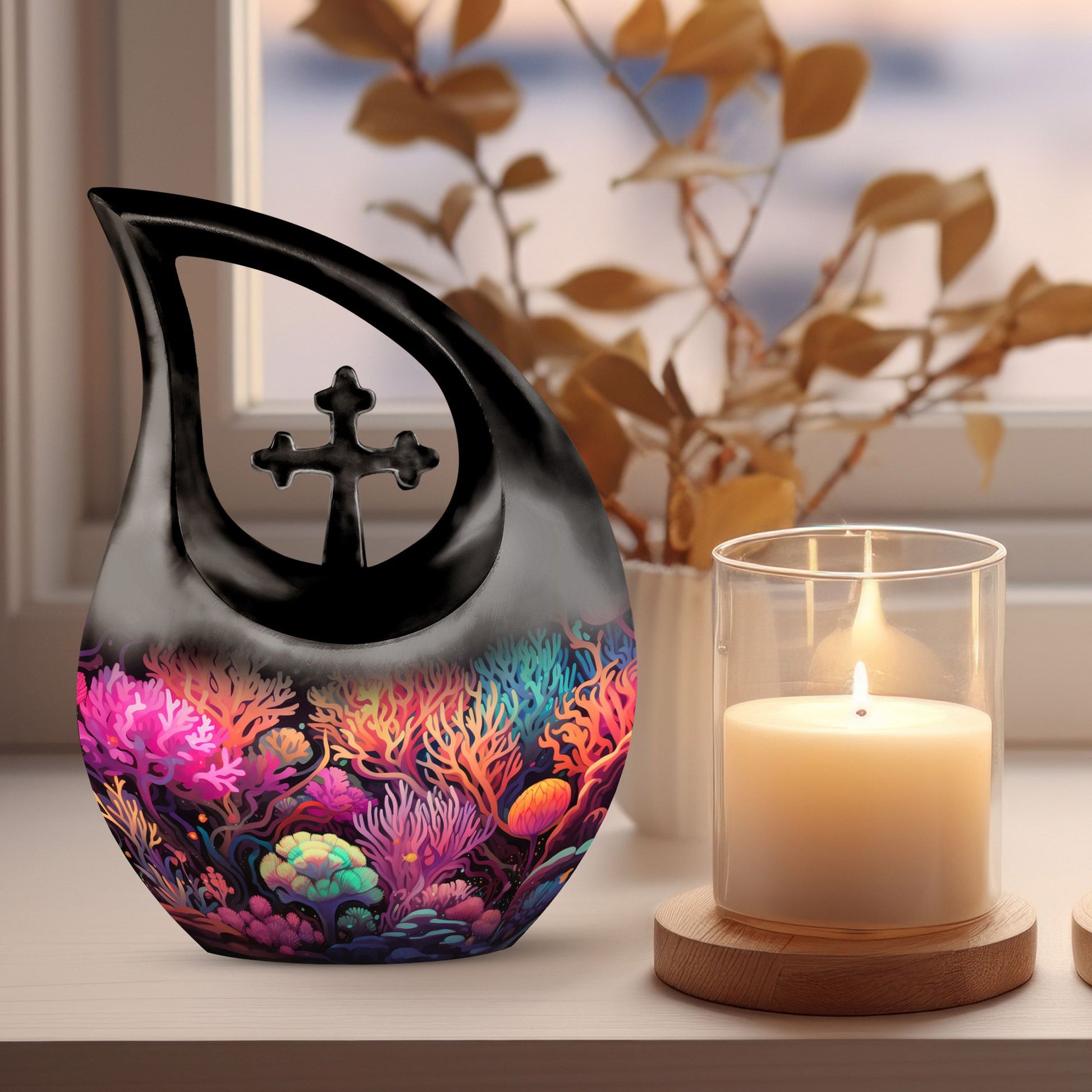 10-inch Wilderness Urn with Cross Drop design and personalization option for couples.