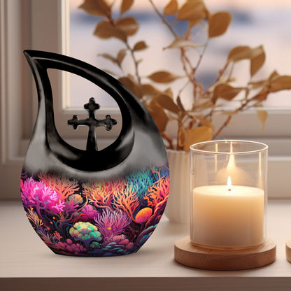 10-inch Wilderness Urn with Cross Drop design and personalization option for couples.