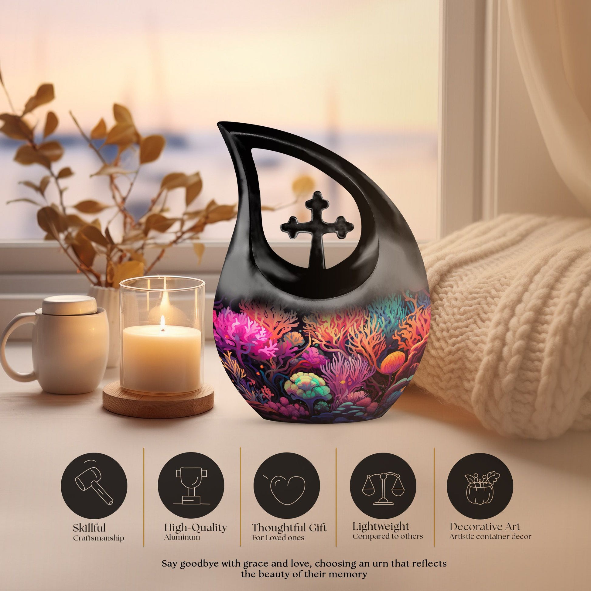 10-inch Wilderness Urn with Cross Drop design and personalization option for couples.