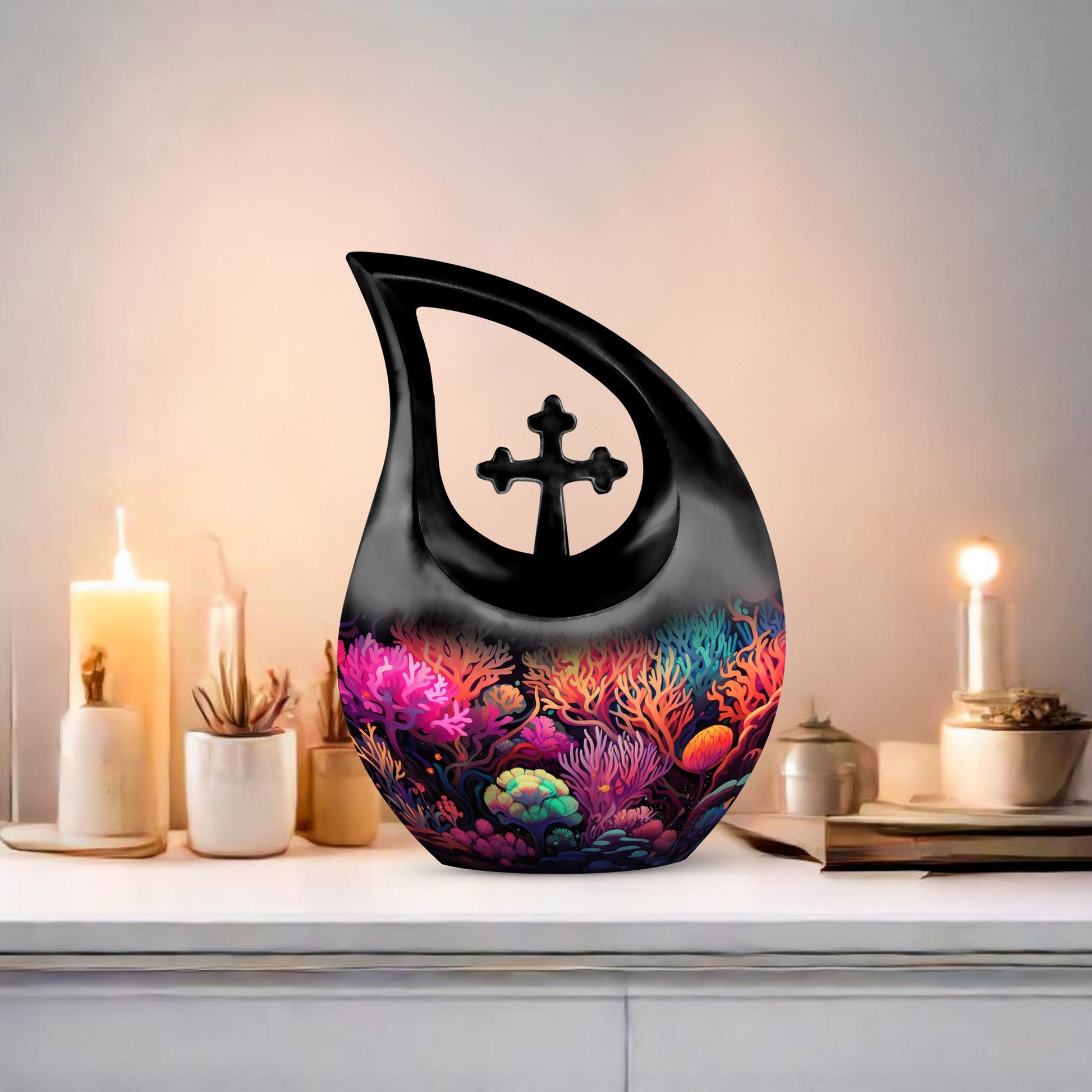 10-inch Wilderness Urn with Cross Drop design and personalization option for couples.