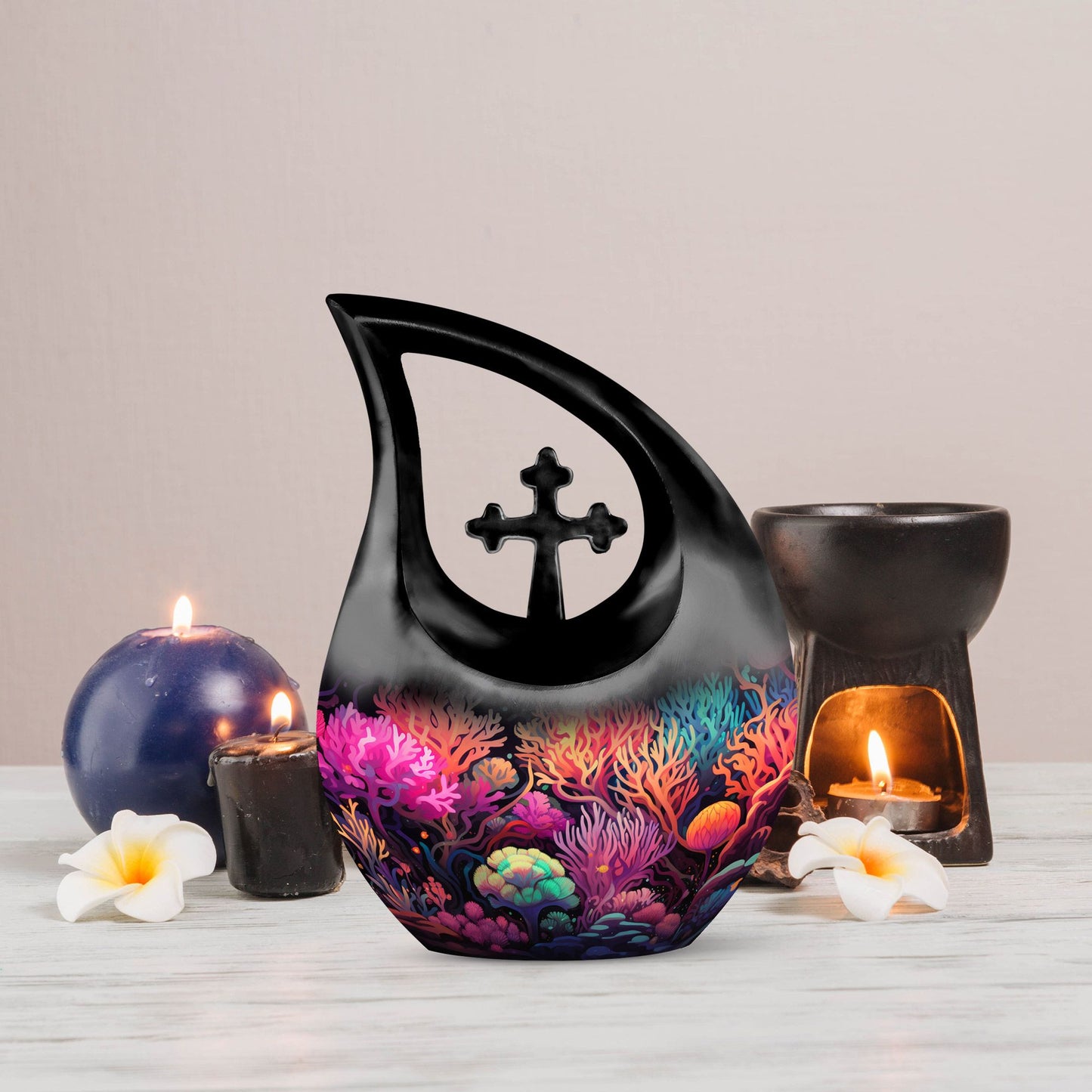 10-inch Wilderness Urn with Cross Drop design and personalization option for couples.