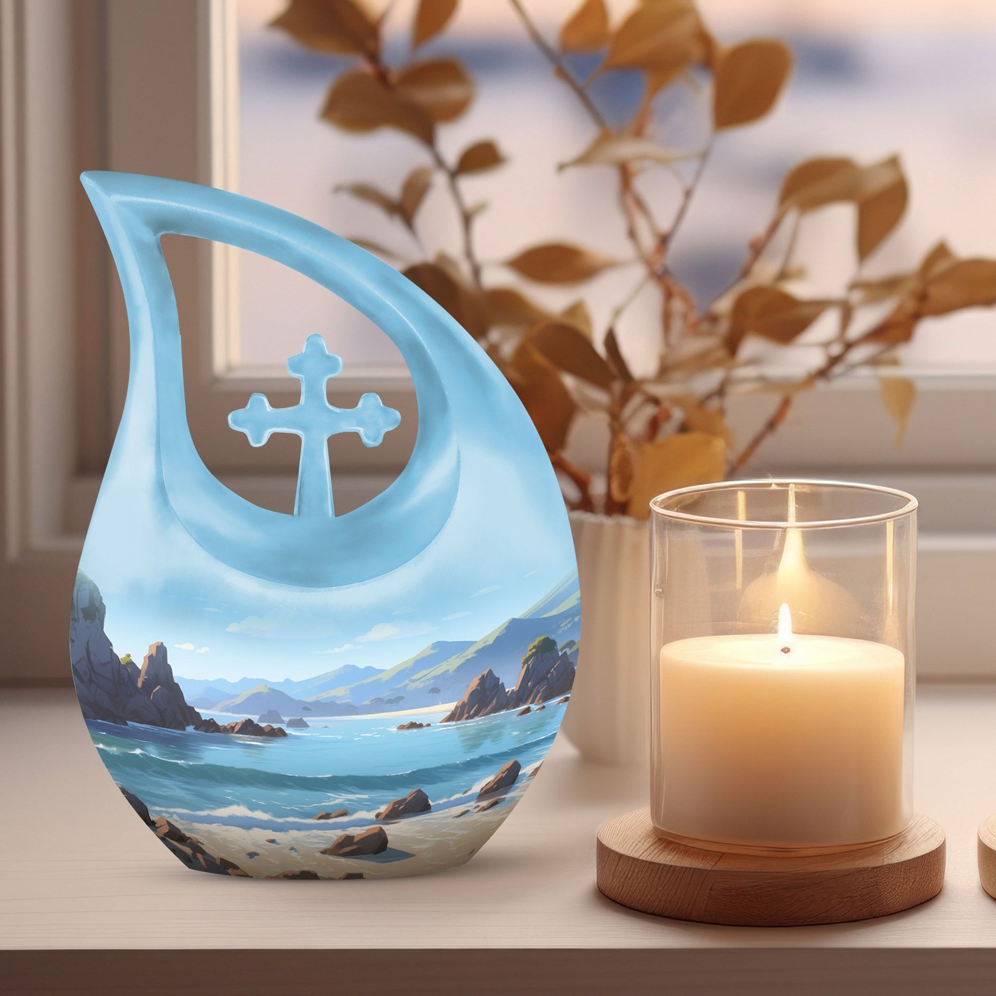 Wilderness themed Cross Drop Memorial Urn, 10-inch 