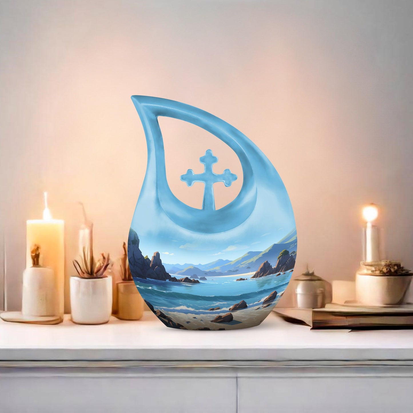 Wilderness themed Cross Drop Memorial Urn, 10-inch 