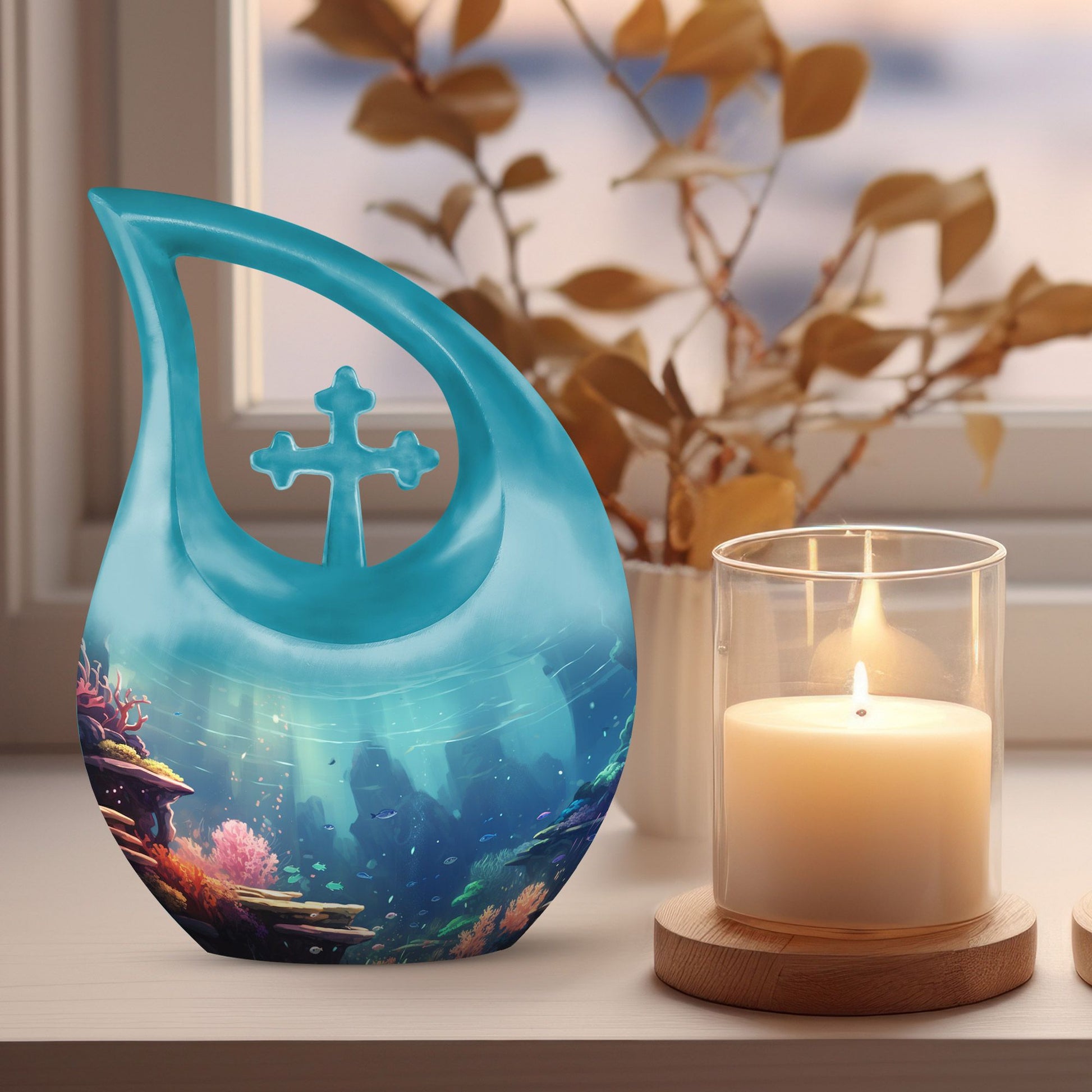 Cross Drop 10 Inch Wilderness Urn for human ashes,