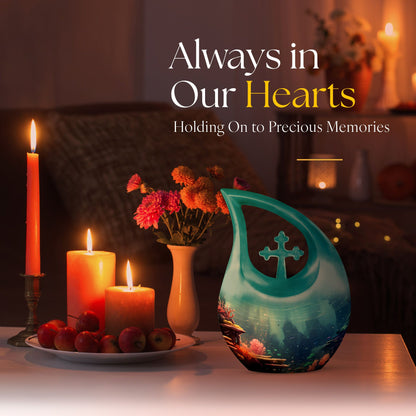 Cross Drop 10 Inch Wilderness Urn for human ashes,