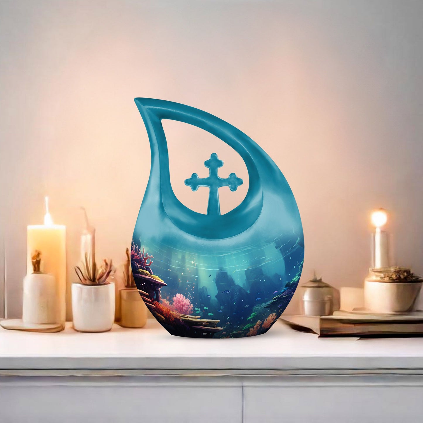 Cross Drop 10 Inch Wilderness Urn for human ashes,