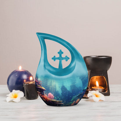 Cross Drop 10 Inch Wilderness Urn for human ashes,