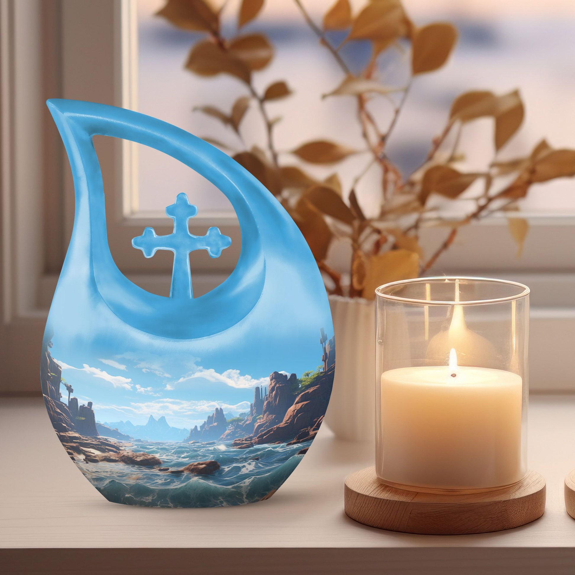 10'' Wilderness Urn with Cross Drop design, modern ashes memorabilia