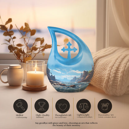 10'' Wilderness Urn with Cross Drop design, modern ashes memorabilia
