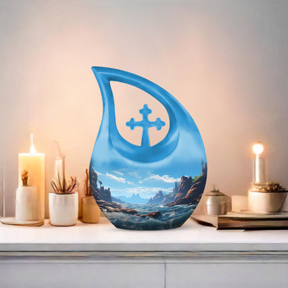 10'' Wilderness Urn with Cross Drop design, modern ashes memorabilia