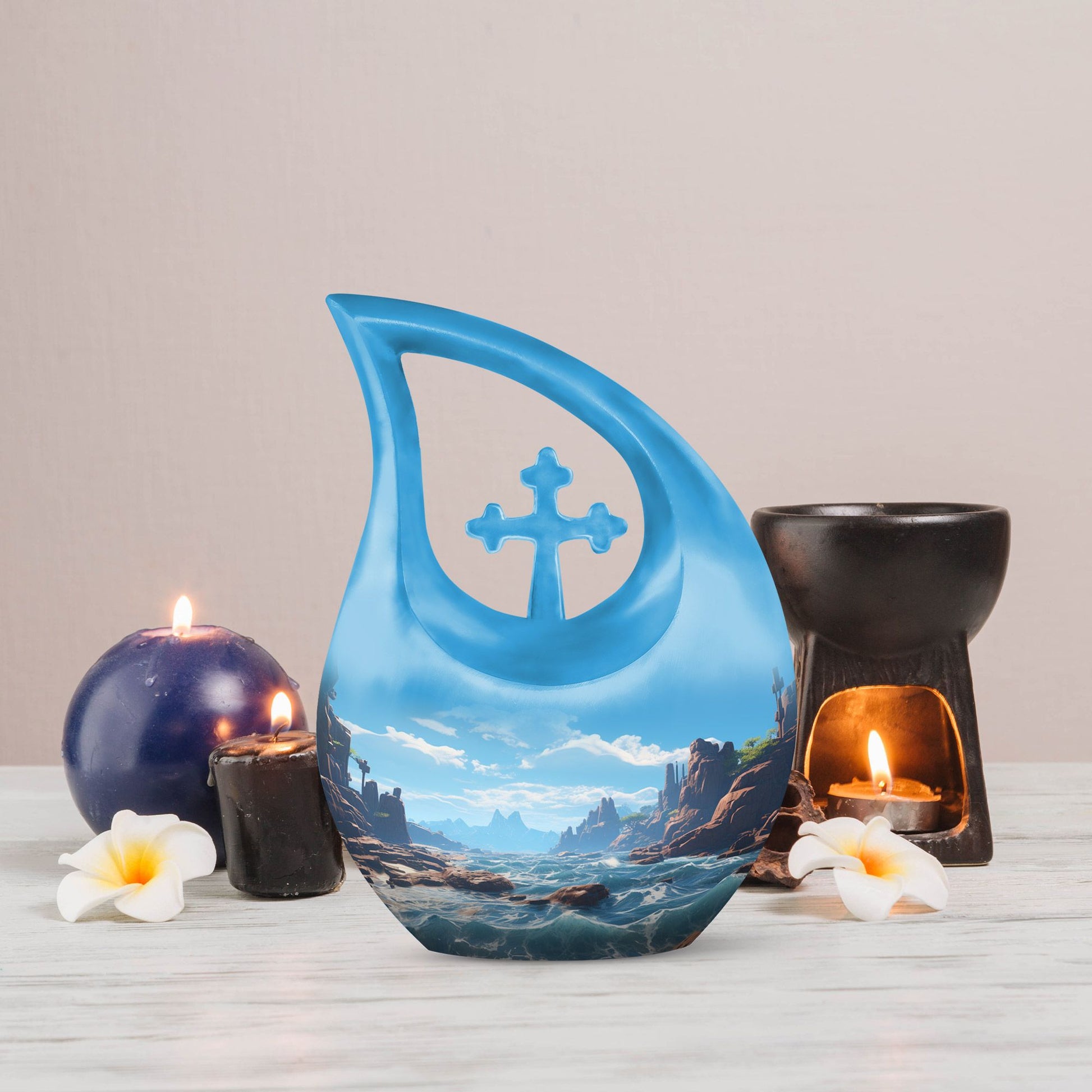 10'' Wilderness Urn with Cross Drop design, modern ashes memorabilia