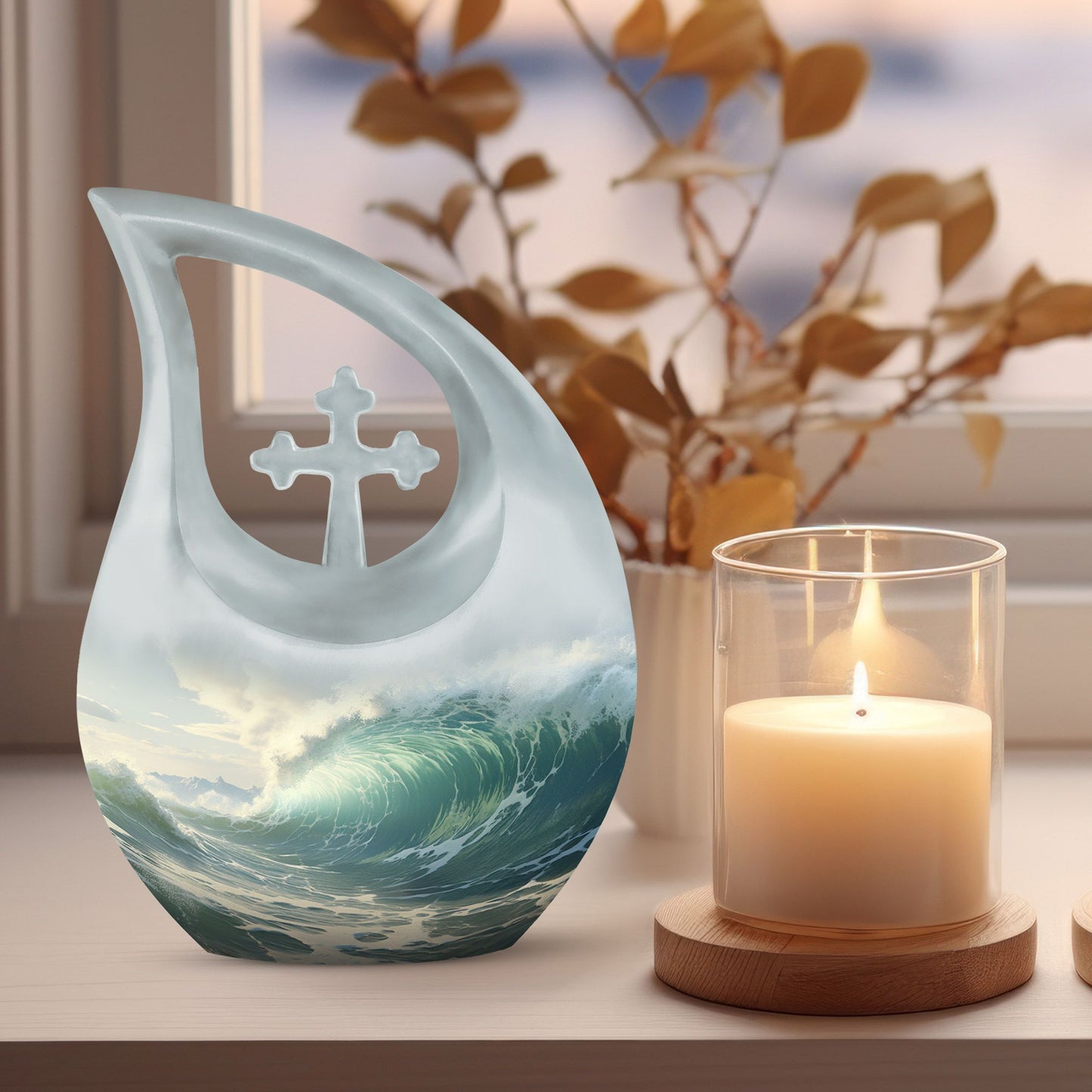 10-inch Wilderness Urn with Cross Drop design,