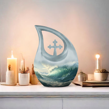 10-inch Wilderness Urn with Cross Drop design,