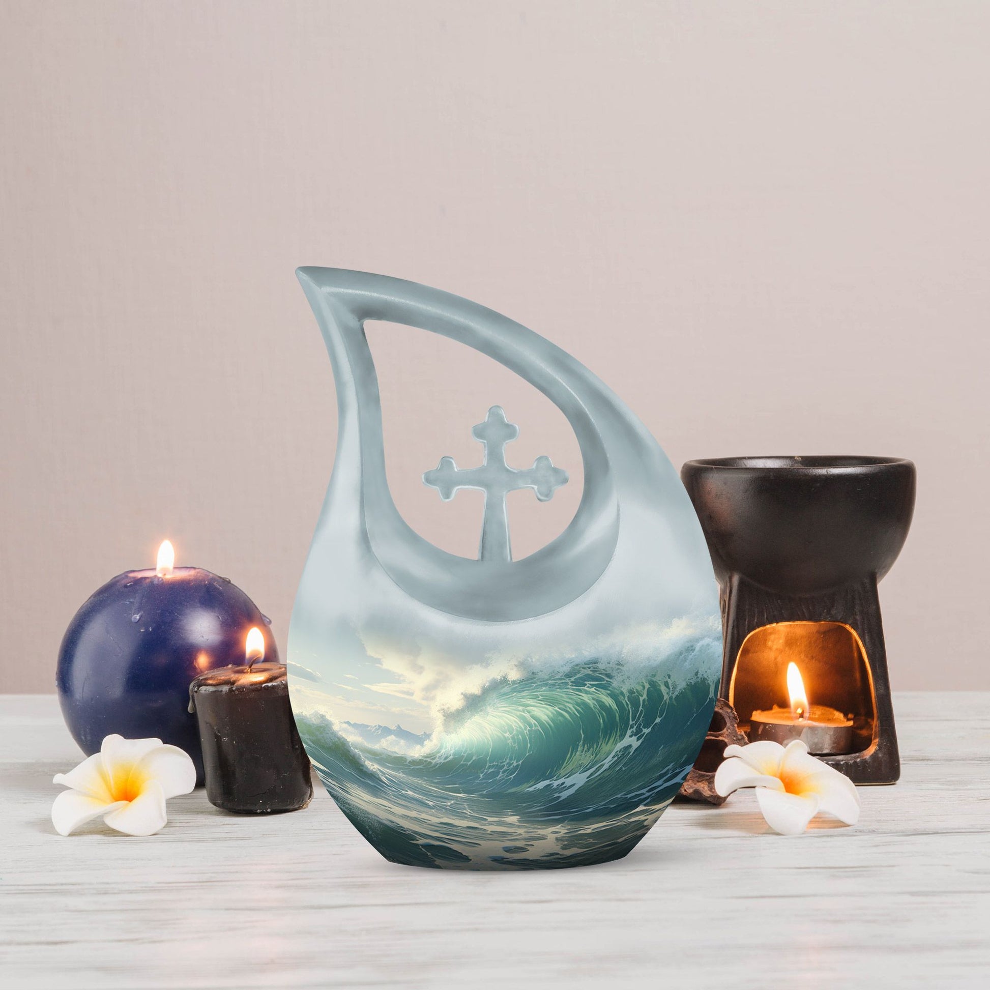 10-inch Wilderness Urn with Cross Drop design,
