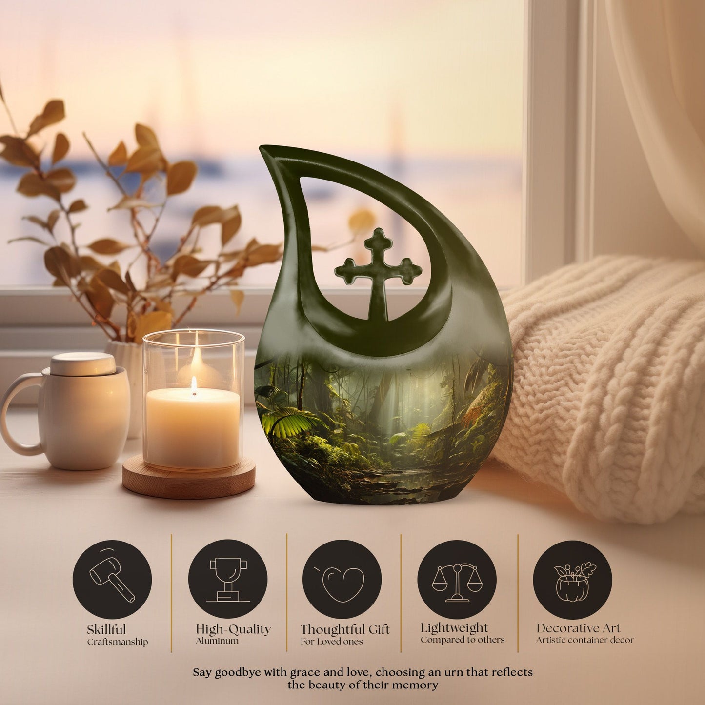 Wilderness Urn Cross Drop Design, 10-inch Burial Urn