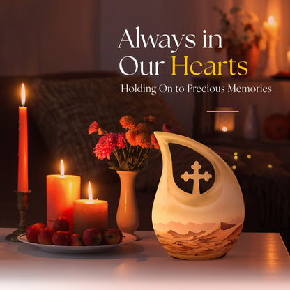 Cross drop designed Wilderness urn for men's ashes,