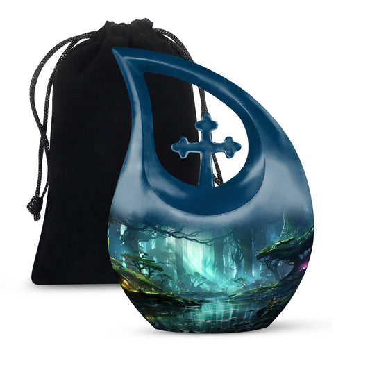 10-inch Wilderness Urn featuring a Cross Drop design, 