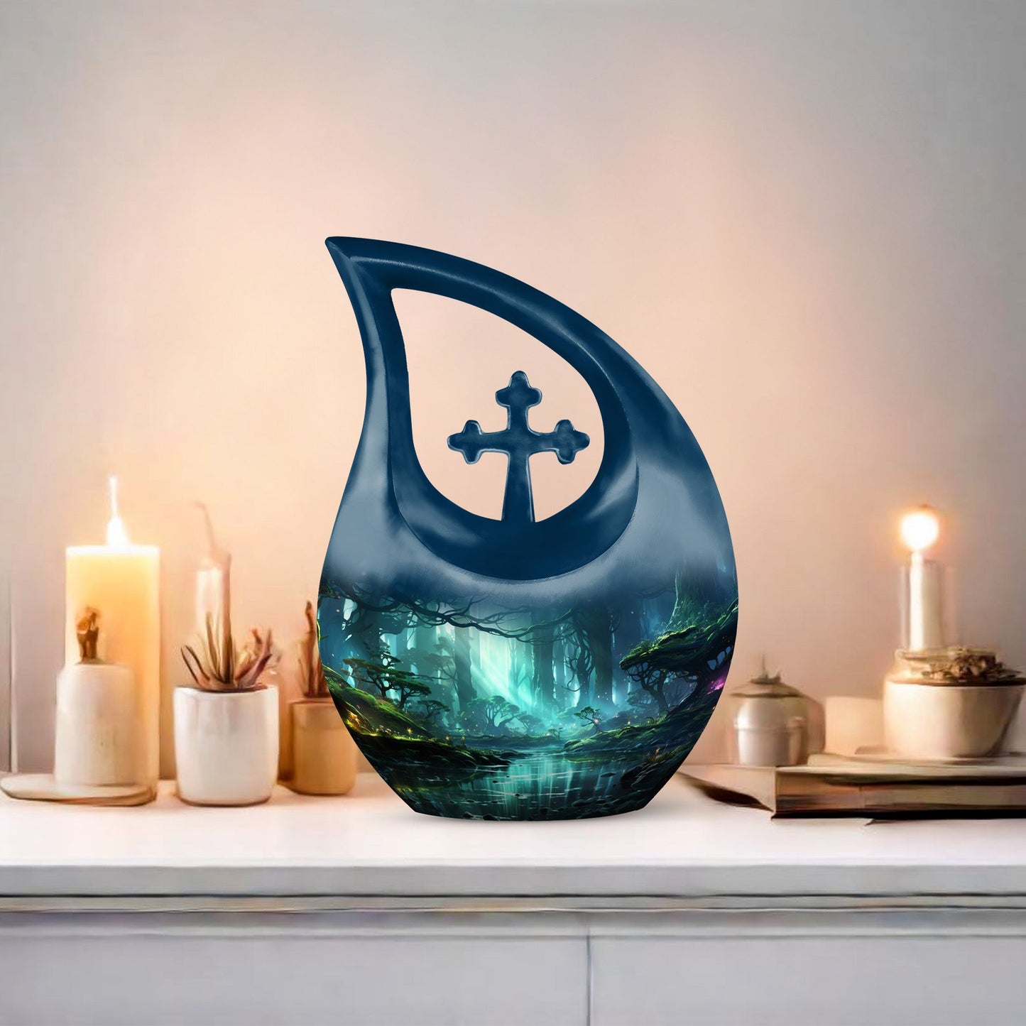 10-inch Wilderness Urn featuring a Cross Drop design, 