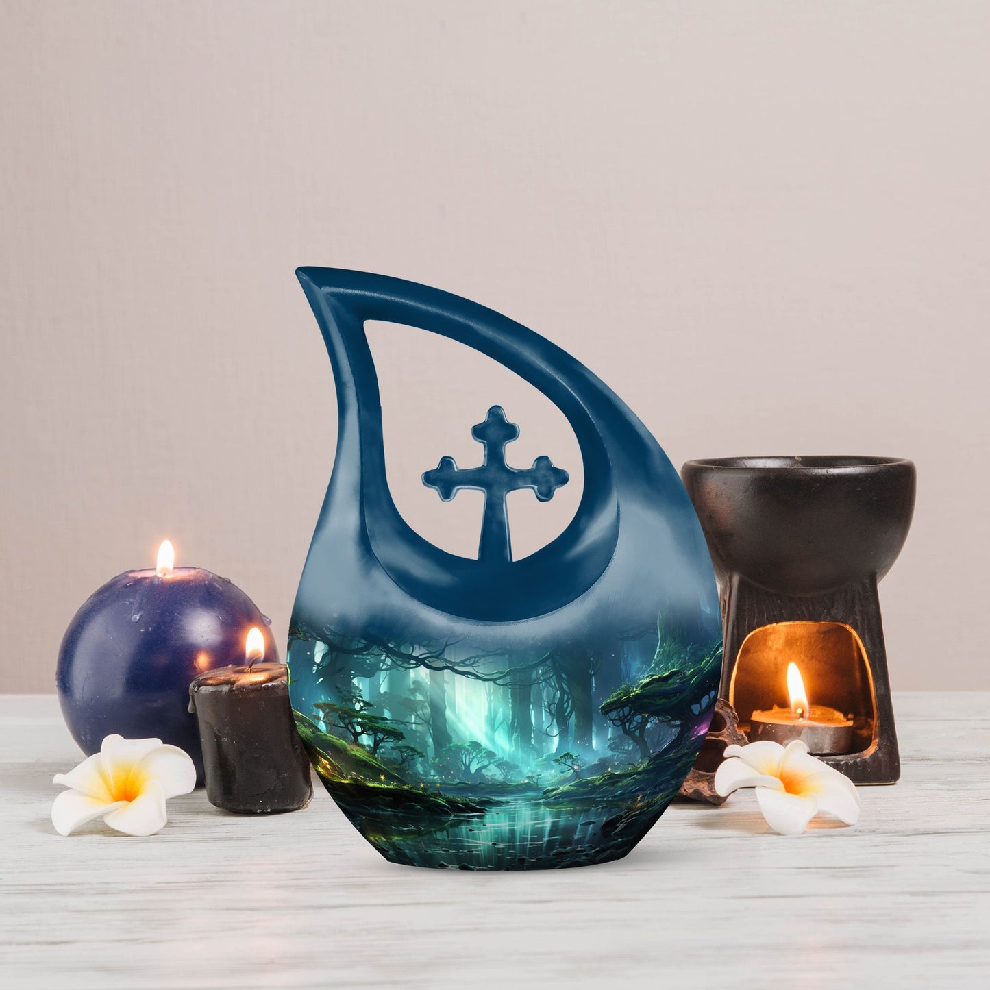 10-inch Wilderness Urn featuring a Cross Drop design, 
