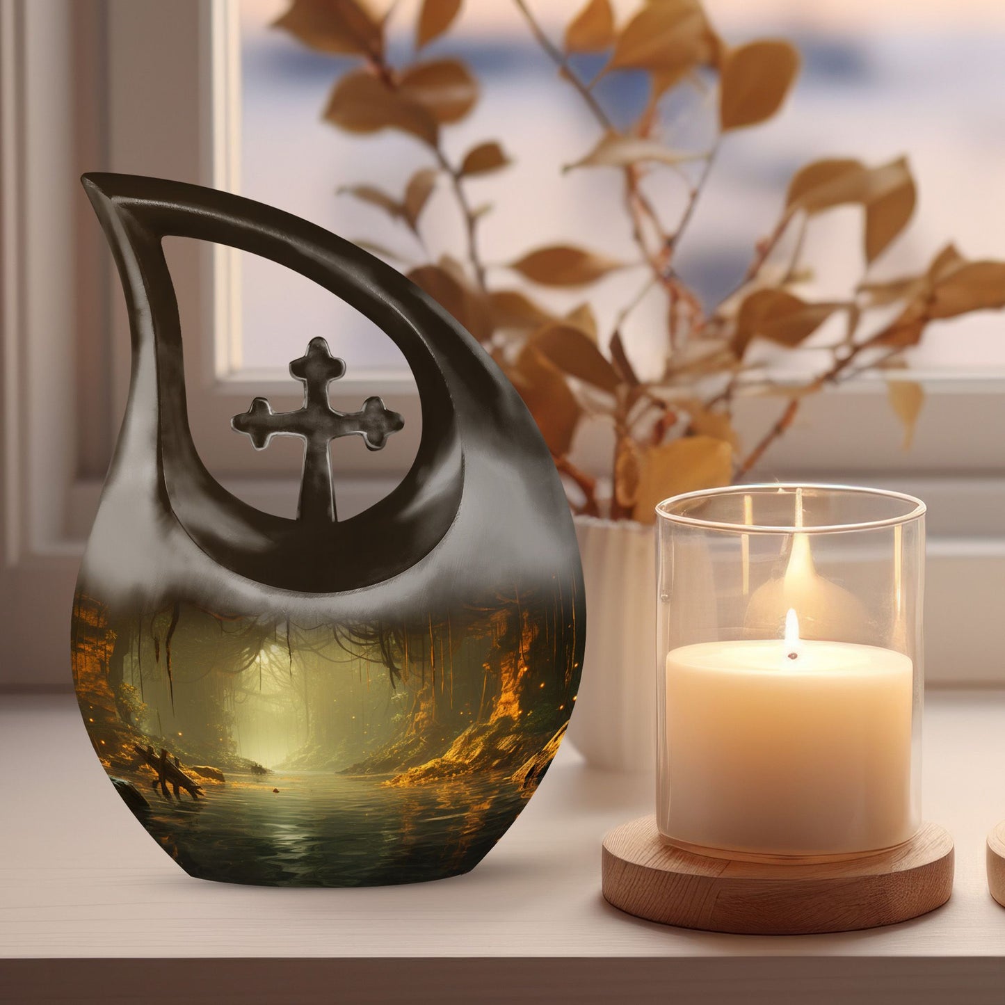 10-inch Wilderness Urn with Cross Drop design, 