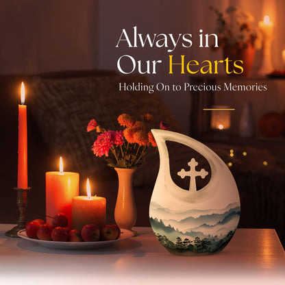 10 inch Wilderness Urn with Cross Drop design, personalized