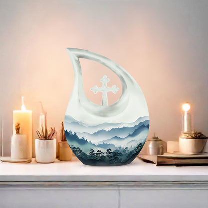 10 inch Wilderness Urn with Cross Drop design, personalized