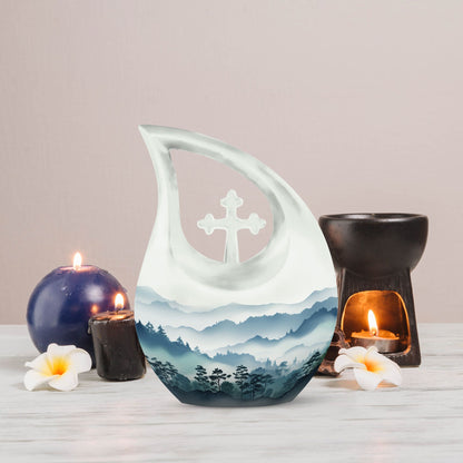 10 inch Wilderness Urn with Cross Drop design, personalized