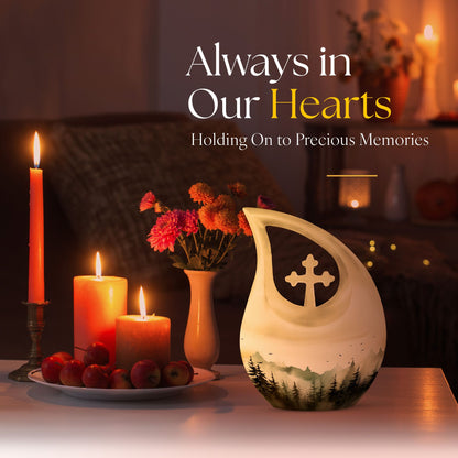 10-inch Wilderness Urn in Cross Drop design for ashes, 