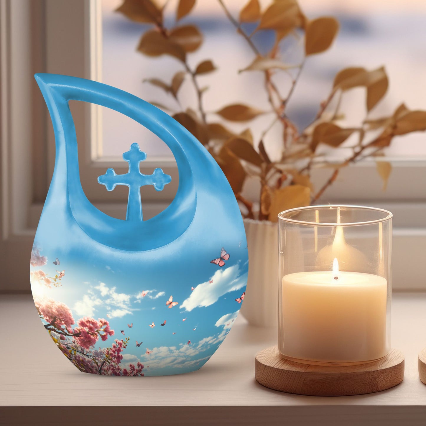 10 inch Wilderness urn for ashes with Cross-drop design